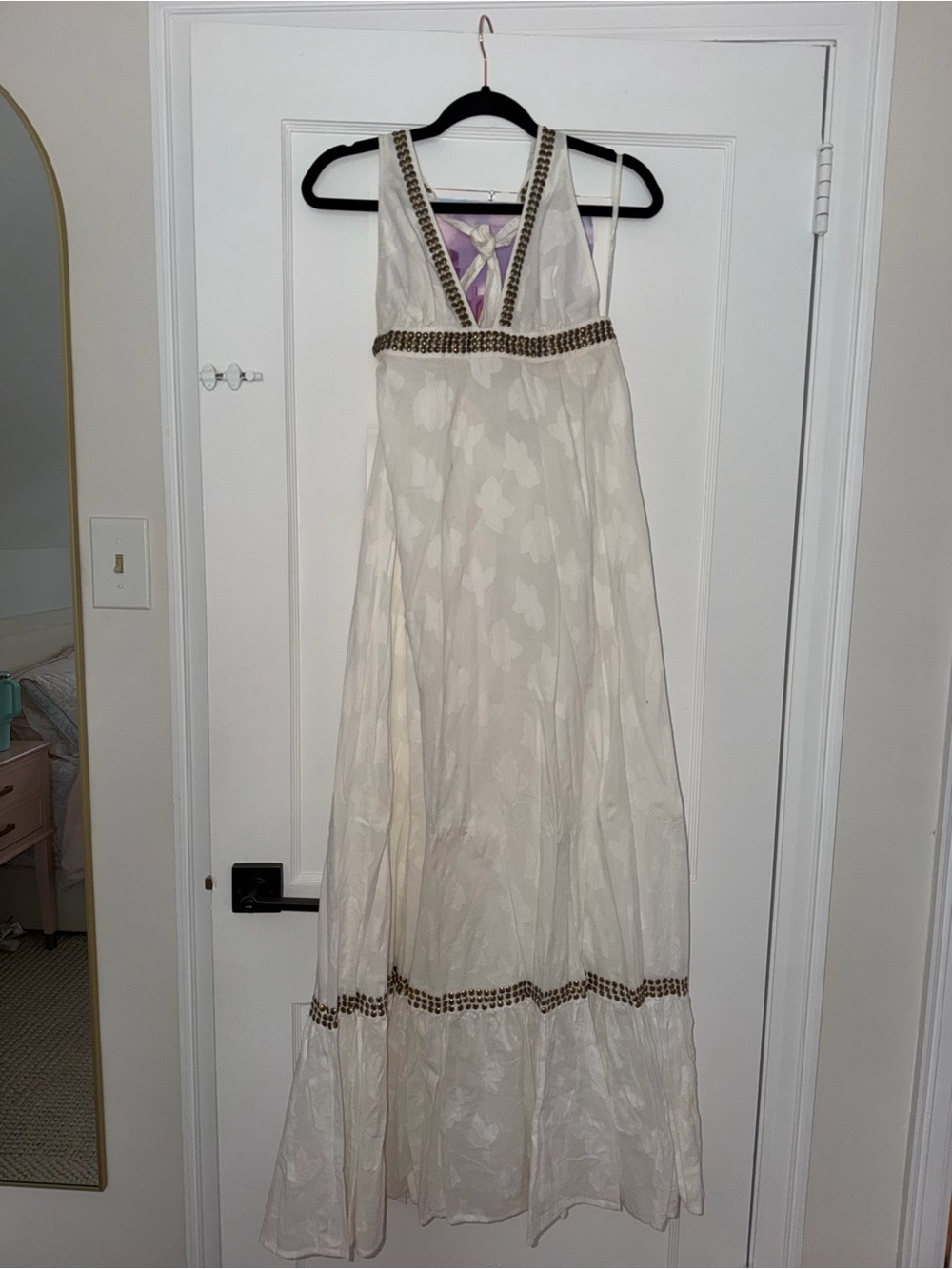 Vix Cream Embroidered Maxi Slip Dress with Beaded Trim